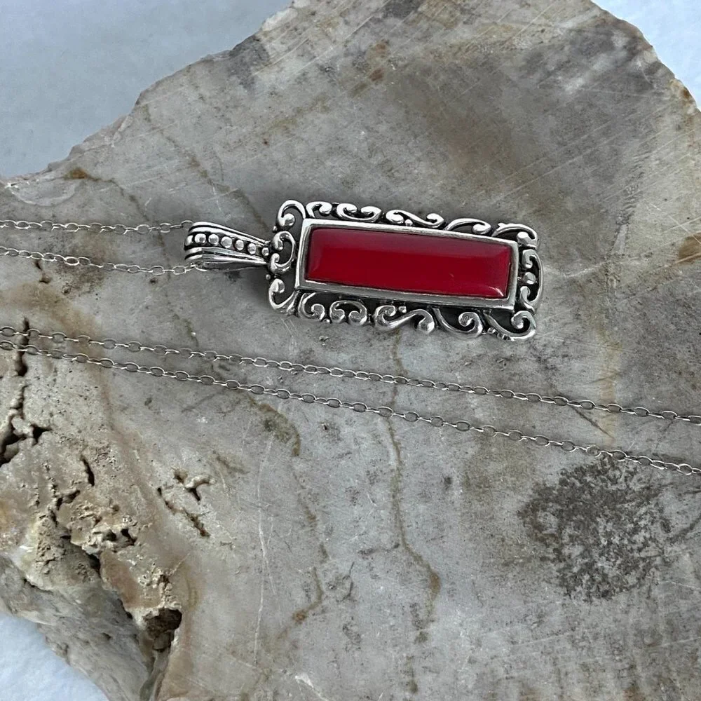 Sterling Silver 925 Faux Red Coral Rectangular Scrollwork Pendant Necklace 20